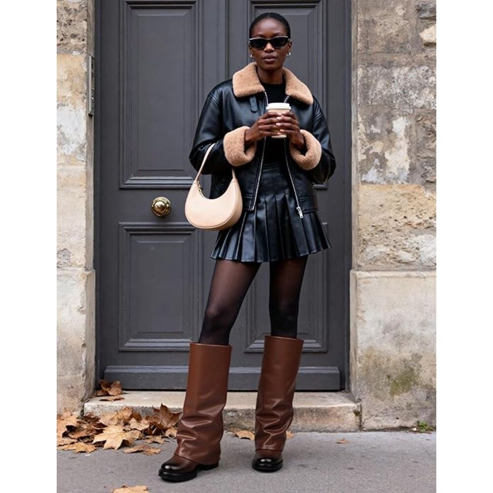 Women's Brown Rubber Sole Pointed Toe Side Zipper Chunky Heels Knee High Boots - Picture 5 of 5